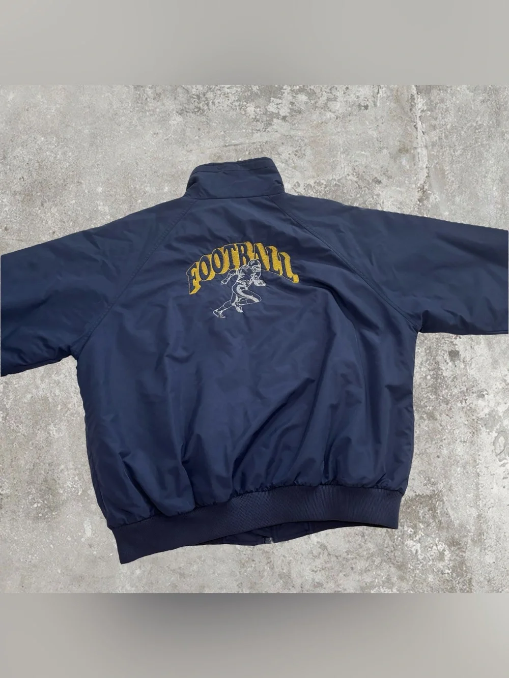 Vintage Navy Blue Football Embroidered Fleece Lined Windbreaker Jacket